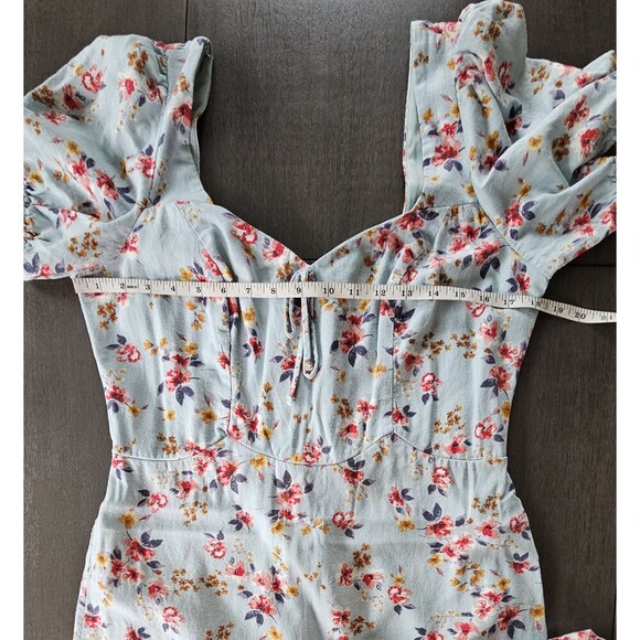 City Triangles Linen Blue Floral Puff Sleeve Mini Dress Fairy Cottagecore XL - Picture 4 of 10